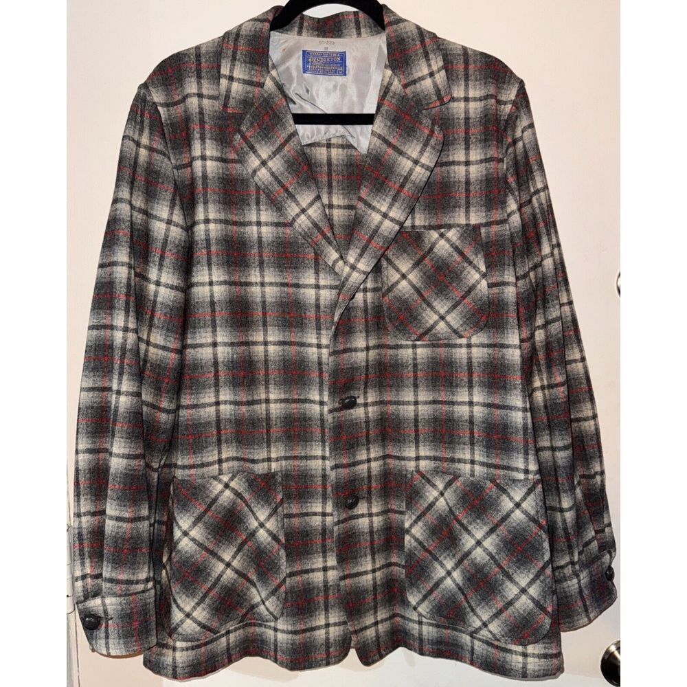 Vtg Pendleton Wool Smoking Jacket Mens Gray/Red  Plaid Leather Buttons SZ Medium